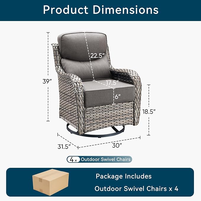 Luxury Outdoor Swivel Rocker Patio Chairs-4 Pieces High Back Swivel Rocker Patio Chairs with Thick Cushions All Weather Wicker Outdoor Furniture Set for Deck Porch Balcony(Grey/Grey)
