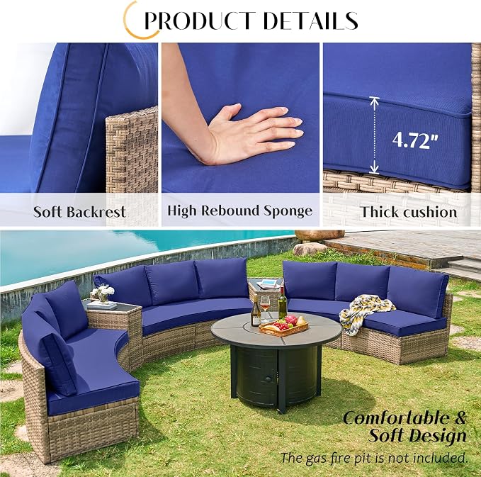 PaPaJet 11-Piece Patio Furniture Set with Large Storage Wedge Table, Half-Moon Wicker Sectional Sofa with Cushions, Waterproof Rattan Outdoor Conversation Set for Beach, Pool, Garden & Balcony, Blue