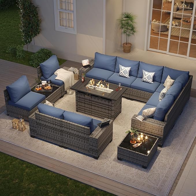 Aoxun Patio Furniture Sets with 44'' Fire Pit, 13 Pcs Outdoor Patio Coversation Set with 4in Thicken Cushion, Widen Armrests Wicker Outdoor Sectional for Backyard