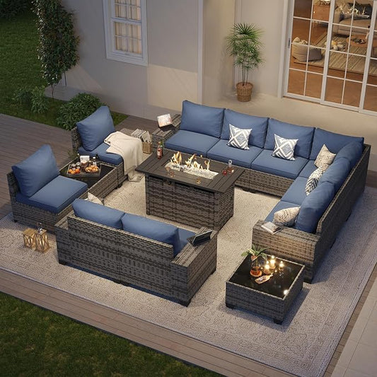 Aoxun Patio Furniture Sets with 44'' Fire Pit, 13 Pcs Outdoor Patio Coversation Set with 4in Thicken Cushion, Widen Armrests Wicker Outdoor Sectional for Backyard
