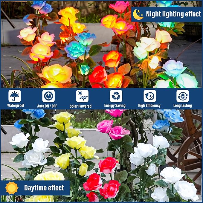 TONULAX Solar Garden Lights - Upgraded Outdoor Light, 7 Color Changing Rose Lights for Yard,Garden Decoration, Enlarged Solar Panel, More Realistic Rose Flower (4 Packs)