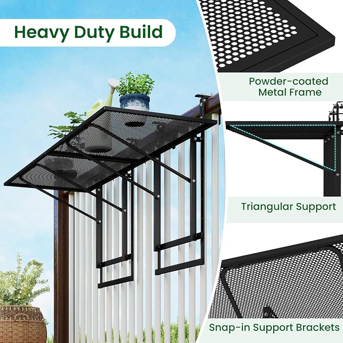 Tangkula Balcony Railing Table, 48" Outdoor Space-Saving Folding Hanging Table with 5-Level Adjustable Height, Metal Frame, Fits Railings Up to 1.5"-3.5" Thick for Patio, Porch, Deck