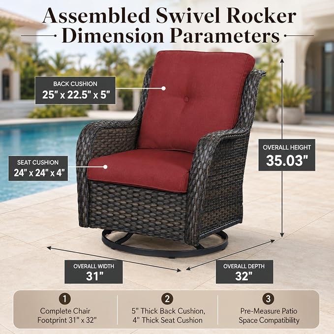 HUMMUH Outdoor Swivel Rocker PE Wicker Patio Chairs Set of 2, Rattan Rocking Chair Furniture Set