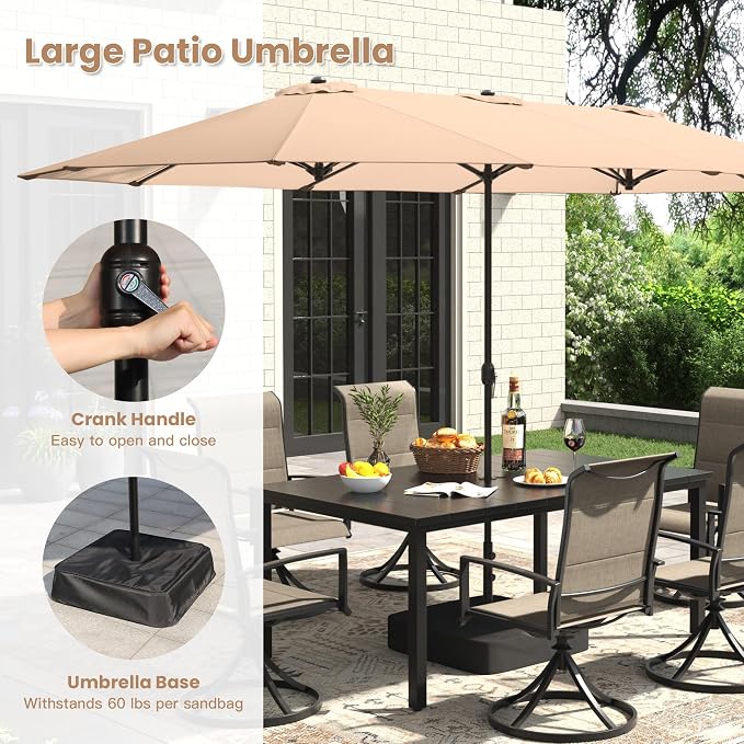 Outdoor Dining Set for 6, 8 Pieces Patio Table and Chairs Set with Umbrella, 59.2" Outdoor Dining Table and Padded Textilene Patio Swivel Chairs for Garden Backyard, Dark Blue and Black