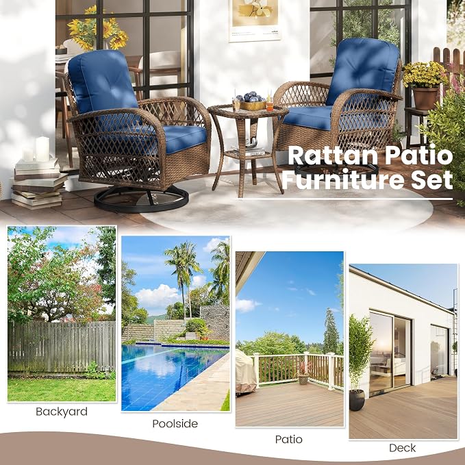 ORALNER 3 Pieces Wicker 360° Swivel Rocker Set Patio Furniture, Rocking Chairs with Cushions, Tempered Glass Coffee Table, Outdoor Rattan Bistro Set for Balcony Front Porch Deck Poolside (Navy)