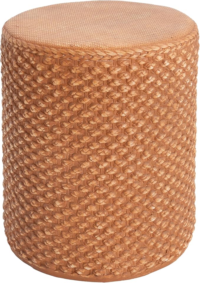Christopher Knight Home Nataly 17.25" H Small Outdoor Side Table, Cylinder Shaped Carved Garden Stool, Lightweight Concrete End Table, Patio Decorative Home Stool for Balcony Poolside Backyard, Brown