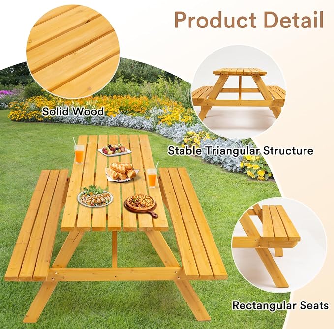 Zevemomo 8 Person Wood Picnic Table, Rectangle Tabletop with Umbrella Hole, 2 Built-in Long Benches, 2220LBS Total Capacity for Gardens, Yards, Pale Wood