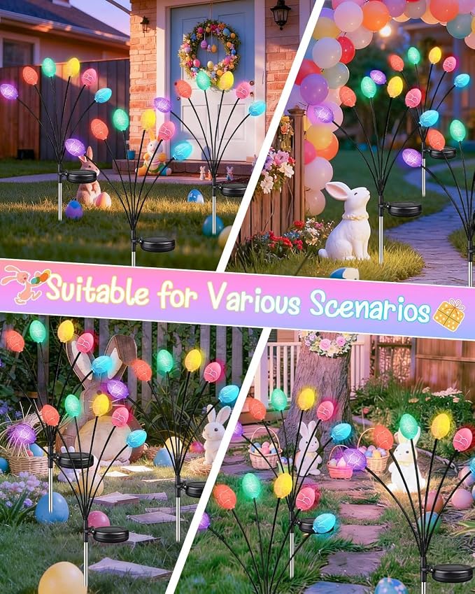 4 Pack Solar Easter Egg Lights, Firefly Lights Solar Outdoor Waterproof | 2 Lighting Modes Garden Lights, Sway with Wind, Solar lights Outdoor for Spring Lawn Yard Patio Porch Easter Decorations