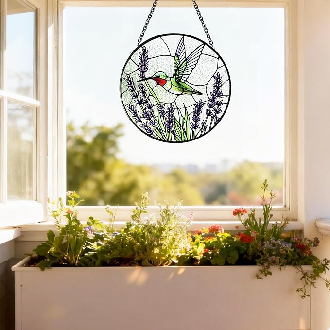 Hummingbirds Suncatcher Stained Glass, Hummingbird Suncatcher Ornament, Hummingbird Suncatcher for Grandma/Mom/Women (Purple Flower Bird)
