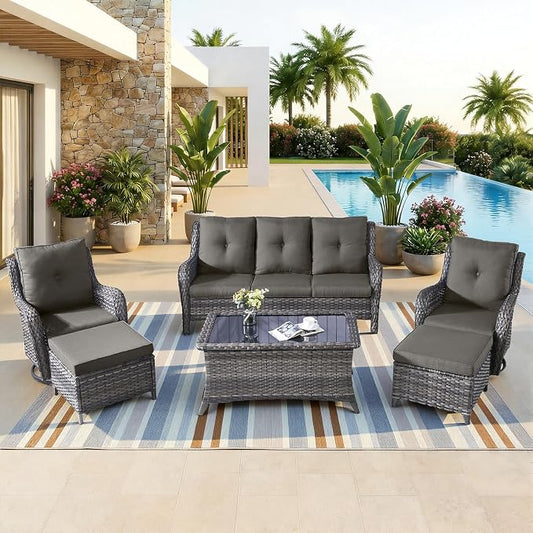 6 Piece High Back Patio Furniture Set - All Weather Patio Conversation Set with 4 Inch Thick Cushions and Deep Seating Swivel Glider Chairs & Outdoor Couch for Porch Deck Yard Pool