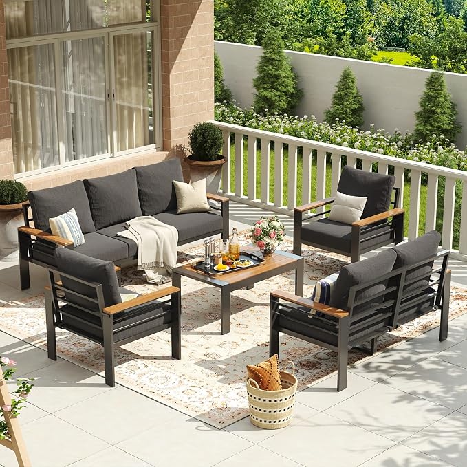 Aoxun Aluminum Patio Furniture Set 7 Seats, Oversized Outdoor Sectional with Washable Thick Cushions, Coffee Table, Patio Conversation Sets for Porch, Balcony, Deck, Dark Gray