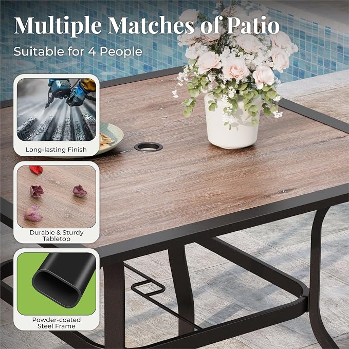 MIXPATIO 5 Pieces Patio Table and Chairs Set, 4 Person Outdoor Dining Furniture Set, 4 Brown Textilene Chairs and 37" Wood-Like Table Top Table with Umbrella Hole, for Deck Backyard Lawn