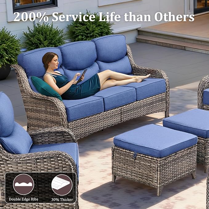 Luxury High Back Patio Furniture Set with 6-Inch Thick Cushions, 6-Pieces Outdoor Furniture with Swivel Chairs &Side Table, Wicker Conversation Set for Porch, Balcony, Deck and Yard, Grey/Blue