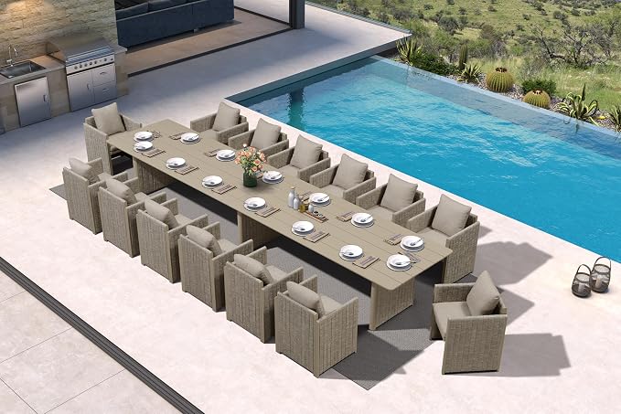 PURPLE LEAF Luxury 14-Person Outdoor Dining Set 189-Inch Aluminum Patio Table with Handwoven Olefin Rope Chairs, Cushioned Seating for Large Gatherings, Estate Patio and Poolside Entertaining Beige