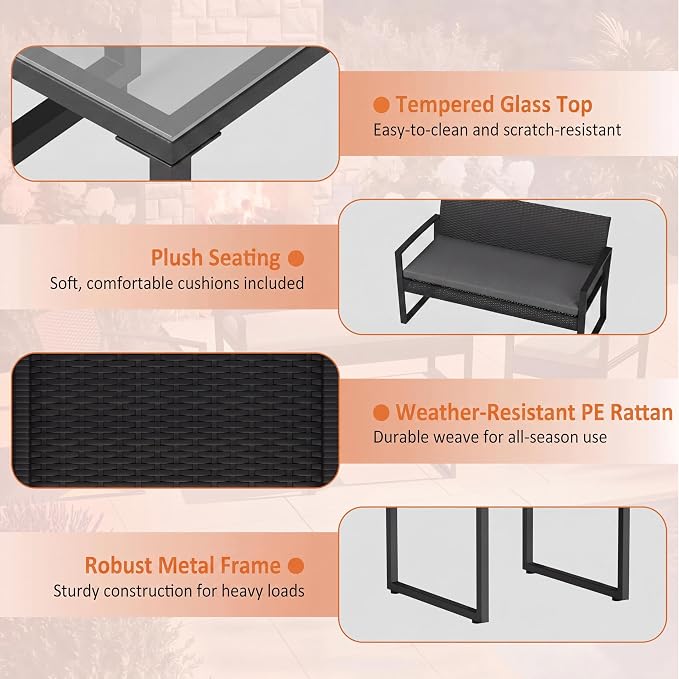 Garvee 4 Piece Patio Furniture Set, PE Rattan Outdoor Rocking Chair Conversation Set with Coffee Table, Outdoor Wicker Patio Table and Chairs Set for Patio, Porch, Backyard, Grey