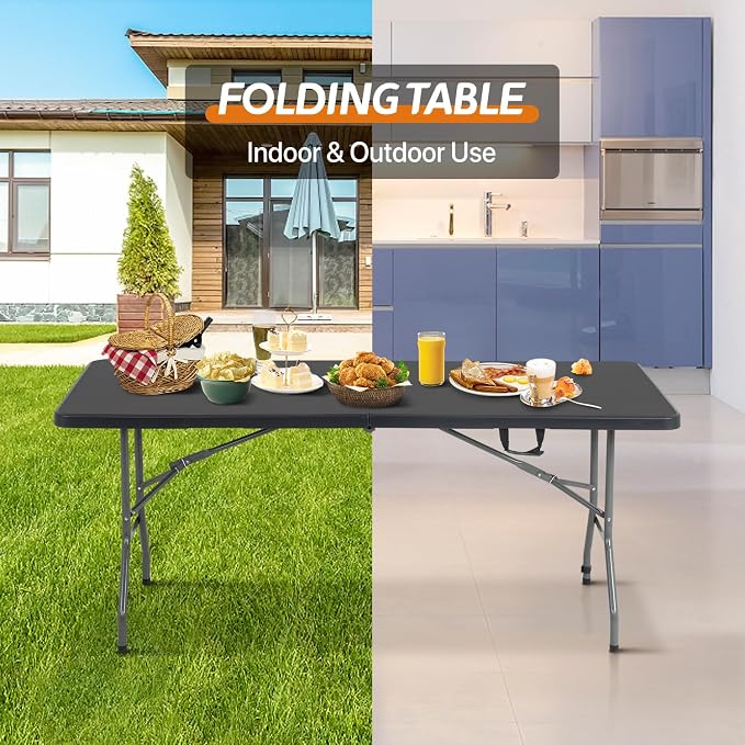 Dkeli Folding Table 6 ft | Portable Picnic Table | Folding Camping Table Heavy Duty for Outdoor Indoor Camping | Picnic and Party | Fold in Half with Handle and Sturdy Steel Frame - Black
