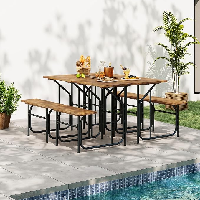 Tangkula Patio Dining Bench Set for 2, Heavy-Duty Outdoor Acacia Wood Dining Furniture with Metal Legs for Balcony, Backyard, Poolside, Garden (2,32” x 27.5” x 29.5”)