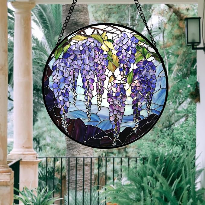 DASTOLL Stained Glass Window Hanging, Purple Wisteria Flowers Suncatcher for Doors Window Home Plant Sun Catchers Decoration Mother's Day Birthday Gifts for Women, Men, and Mom 9.8x9.8 in