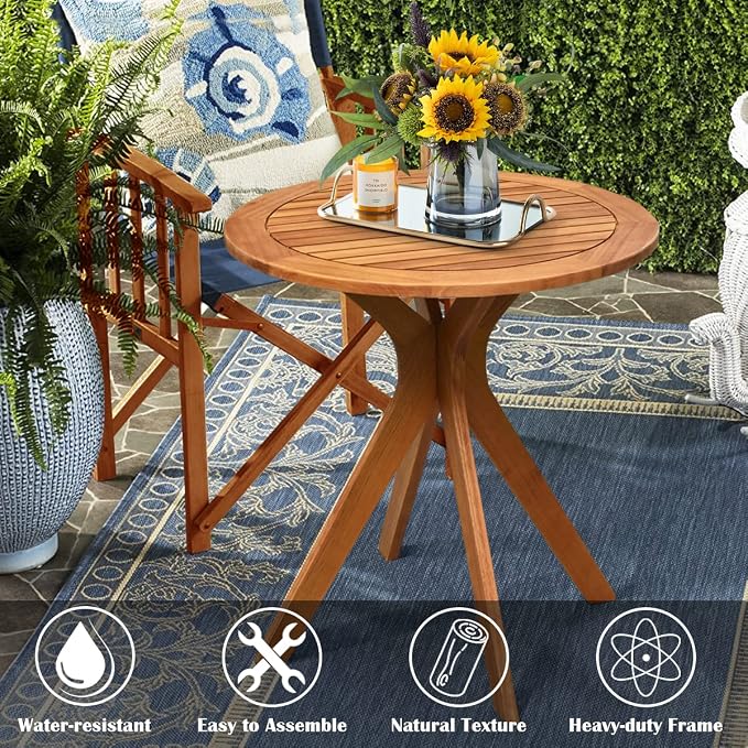 27.5” Outdoor Bistro Table, Eucalyptus Wooden Cafe Table, Round Bar Patio Table, Balcony Table, Side Dinning Table for Garden, Deck & Porch, Teak Finish