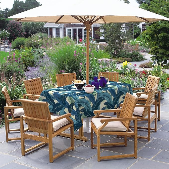 DYTXIII Outdoor Rectangle Tablecloth with Umbrella Hole and Zipper 84" x 60", Water Repellent Floral Picnic Cover, Fade & Wrinkle Resistant Tablecloth for Patio/Garden/Party Table, Palms Blue