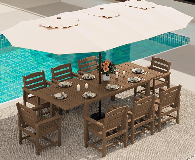 SERWALL 10-Piece Patio Dining Sets with 15FT Patio Umbrella, Brown | 60" - 83" Expandable Outdoor Dining Table and 8 HDPE Chairs, All Weather HDPE Outdoor Furniture Set