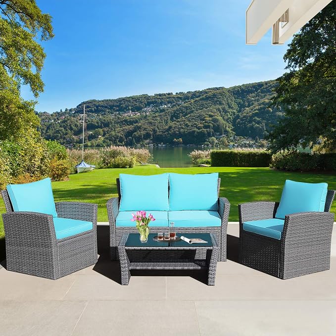 RELAX4LIFE 4-Piece Patio Conversation Seat - Wicker Sofa Set w/Seat & Back Cushions, Coffee Table w/Tempered Glass Tabletop, Outdoor Rattan Sofa Set for Backyard, Porch (Turquoise)