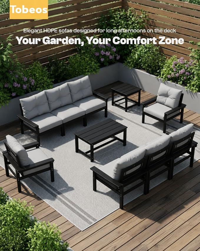 HDPE 3 Piece Patio Furniture Set, All-Weather Outdoor Couch Set with Thick Cushions, Patio Conversation Sets for Lawn, Garden, Porch, Balcony, Deck, Poolside, Black Frame Grey Cushion