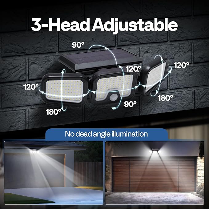 VIVOHOME Solar Flood Lights Outdoor, 256 LED Motion Sensor Lights, 2 Pack | 2500LM, 3 Adjustable Heads Security Lights, IP65 Waterproof, 270° Wide Lighting Angle Solar Powered Lights for Porch, Yard