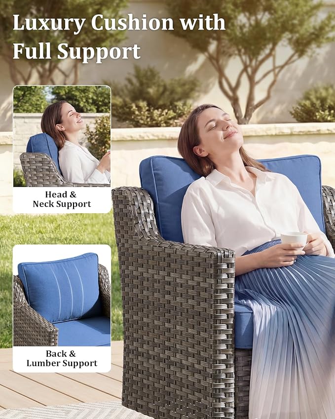 Outdoor Furniture Set of 7, Patio Furniture Set with 4 Wicker Swivel Rocker Chairs, 2 Ottomans and Sofa, High Back&Deep Seat for Garden Deck Porch Balcony Backyard - Blue