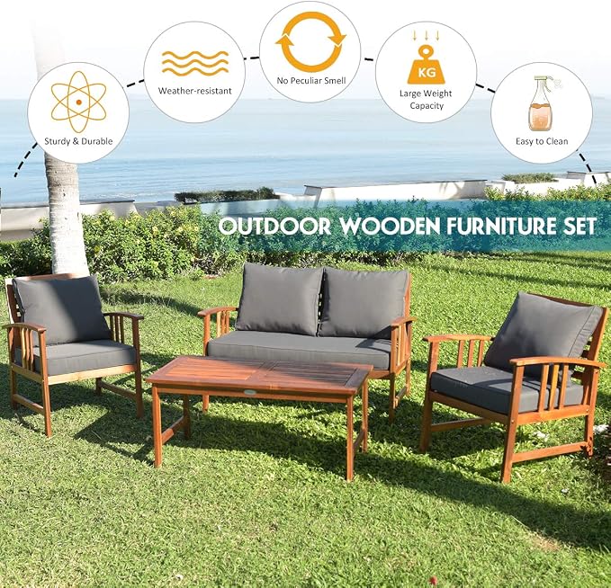 Tangkula 4 Pieces Acacia Wood Patio Furniture Set, Outdoor Seating Chat Set with Gray Cushions & Back Pillow, Conversation Set with Coffee Table, Ideal for Garden, Backyard, Poolside