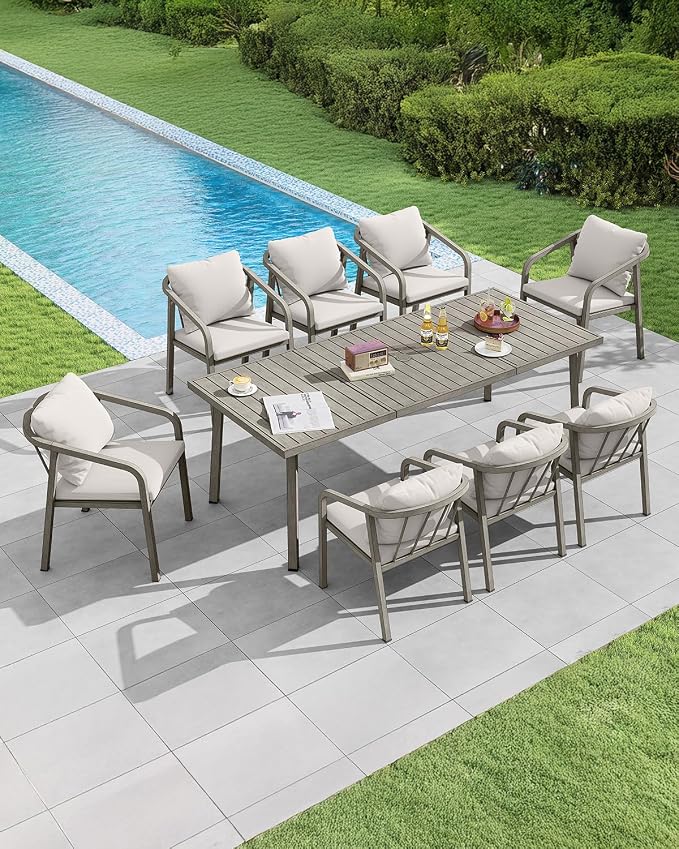 Outdoor Dining Table for 8, Never-Rust Aluminum Patio Dining Table, 82"×35" Large Rectangle Patio Table with Umbrella Hole, Outdoor Table with Wood-Like Texture for Deck, Porch, Gray Oak
