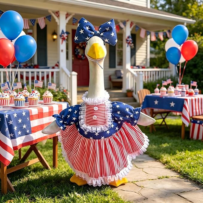 4th of July Porch Goose Outfit Set for 23'' Cement Lawn Goose Statue,Patriotic Star Stripe Dress with Bow,American Independence Day Decor(4th of July)