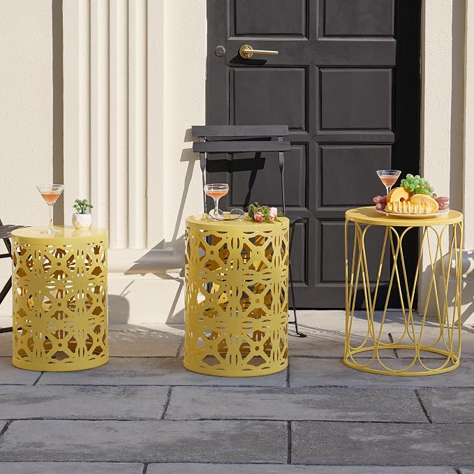 Y&M Set of 3 Stacking Coffee Table for Living Room, Patio Side Table,Indoor End Tables for Bedroom, Outdoor Decorative Garden Stool with Heavy Duty Metal Frame Modern Industrial Decor - Yellow