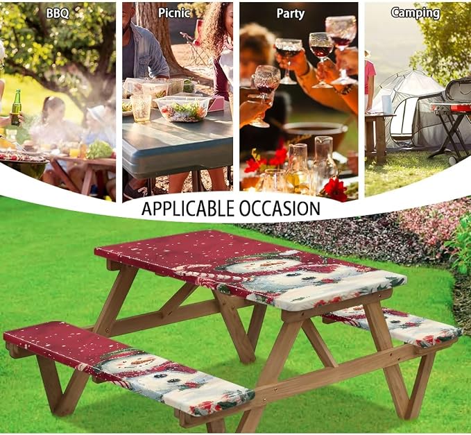 Snowman Picnic Table Cover with Bench Covers, Beach Waterproof Christmas Outdoor Table Cover, Picnic Table Covers with Elastic Suitable for Xmas Decoration