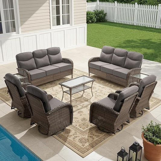 HUMMUH 9-Piece Patio Furniture Set with Upgraded 6" Thick Cushion - High Back Outdoor Swivel Rocker Chairs with 3-Seater Sofa Set of 2,Wicker Outdoor Conversation Set for Deck, Porch, Yard, Poolside