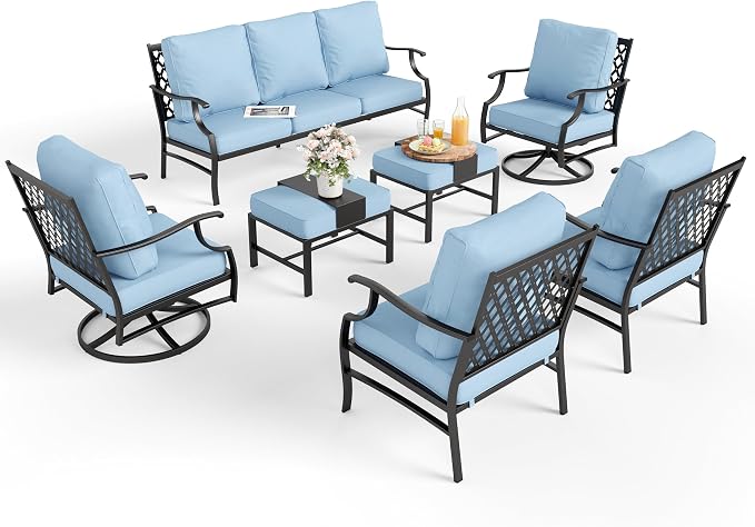 MIXPATIO Patio Furniture Set 7 pcs, Outdoor Patio Furniture, 3-Seat Sofa, 2 Single Chairs, 2 Swivel Chairs, 2 Ottomans and 5.75" Extra Thick Cushion, Patio Conversation Set for Backyard Deck,Blue