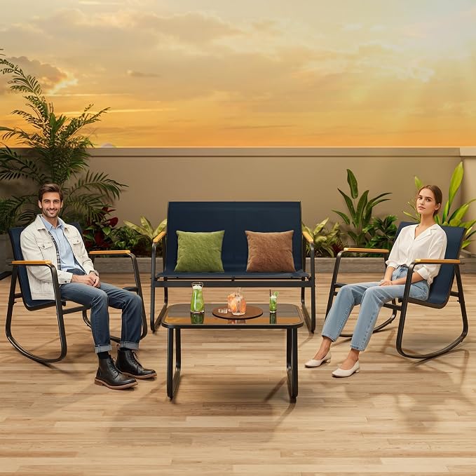 Ahomly 4-Piece Patio Furniture Set, Textilene Outdoor Conversation Set with 2 Rocking Chairs and Tempered Glass Coffee Table, for Lawn, Garden, Balcony, Poolside (Blue)