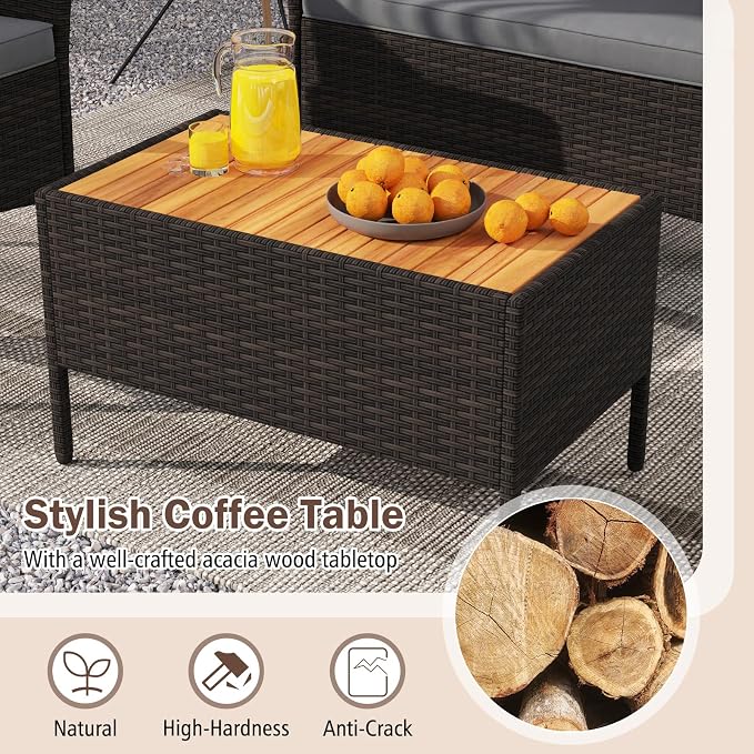 Tangkula 4 Pieces Patio Wicker Sofa Set, 2 Rattan Chairs & Loveseat w/Coffee Table, Acacia Wood Armrests & Tabletop, Outdoor Cushioned Conversation Set for Backyard, Poolside (Gray, 4 Pieces)