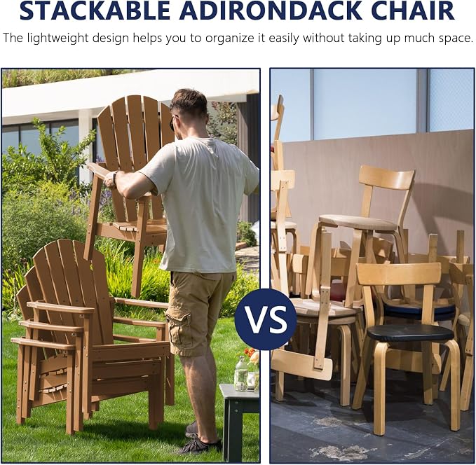 nevilywood Compact Stackable Adirondack Chairs Set of 4,HDPE,380lbs,Teak | 26.3" Wide HDPE.All-Weather Outdoor.Maintenance-Free.Stackable for Storage.25°Curved Straight Backrest.Quick Assembly