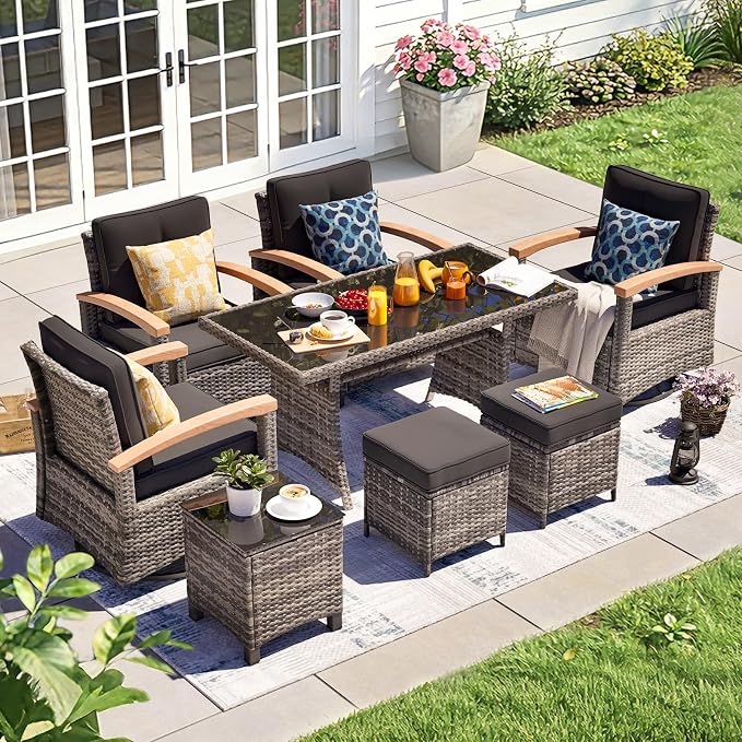 MEISSALIVVE 8 Pieces Patio Furniture Sets, PE Wicker Outdoor Conversation Sets with 2 Wood Armrests Swivel Rocker Chairs, 2 Fixed Single Chairs, 2 Ottomans and Dining Table(Black)