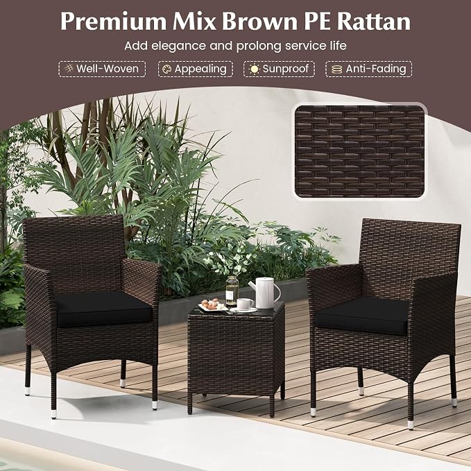 RELAX4LIFE 3-Piece Patio Furniture Set - Rattan Wicker Outdoor Conversation Set w/Cushions & Glass Coffee Table, Balcony Furniture for Porch Garden Backyard, Bistro Table and Chairs Set of 2 (Black)