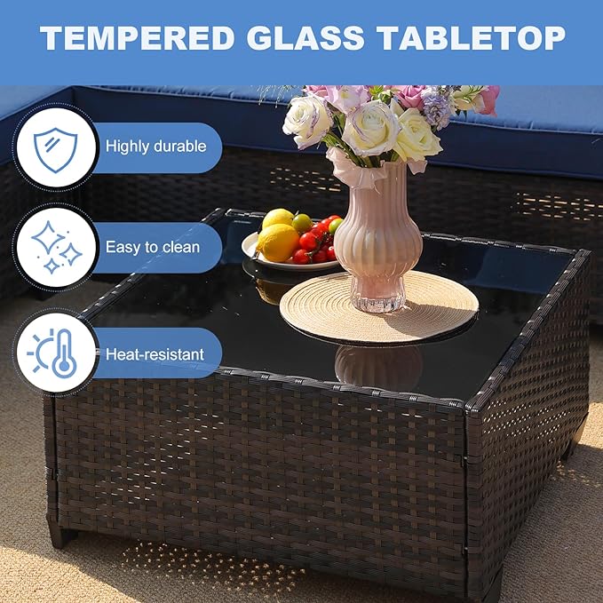 9 Pieces Outdoor Patio Furniture Set, Wicker Conversation Sets with Tea Table, Rattan Patio Sofa with Thick Cushions for Garden, Backyard Porch, Poolside,Navy