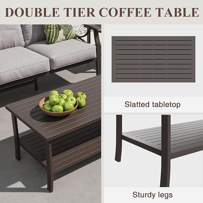 RoyalCraft Outdoor Patio Furniture Set, 7 Piece Patio Conversation Set with Coffee Table and Ottomans, Metal Furniture Set for Porch Backyard Garden, Grey