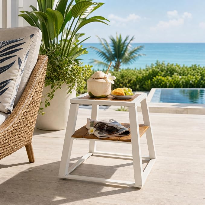 Outdoor Side Table, 2-Tier Acacia Wood End Table with White Iron Frame, Weather-Resistant Patio Side Table with Storage Shelf, Teak Finish, 30 lbs Capacity, White