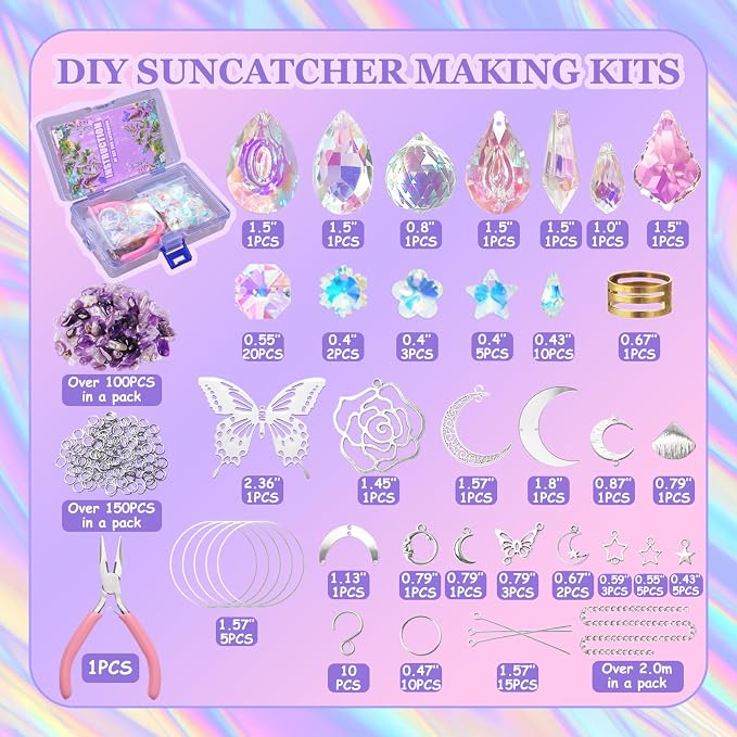 WASTROYAL 400pcs Suncatcher Kit, Crystal Prisms, DIY Hanging Window Decor | 8Set DIY Suncatcher Kit, Crystal Prisms Hanging for Window/Garden, Butterfly Rainbow Decor, Adults Art Crafts Gift with Guide
