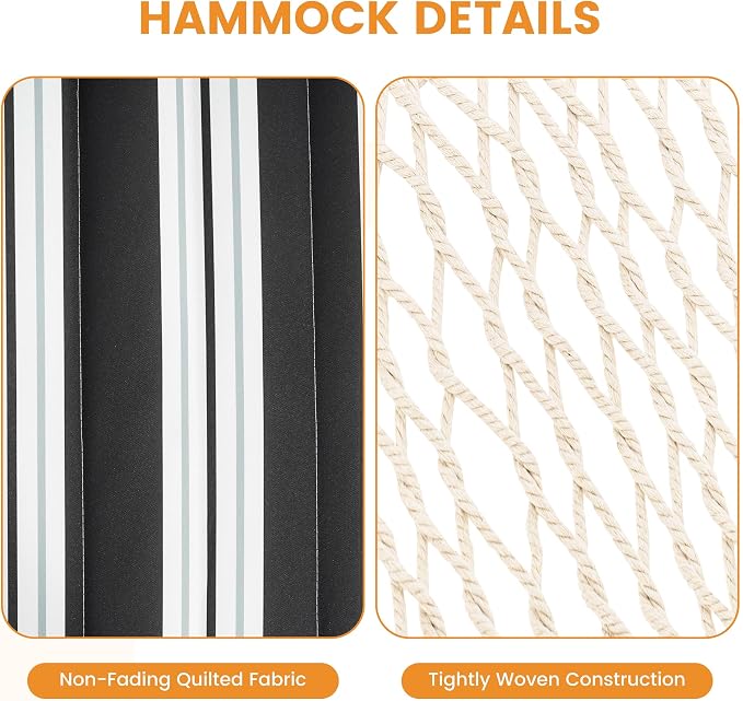 Lazy Daze Hammocks Rope Hammock with Pad, Spreader Bar, Carabiners, Tree Straps, Chains for Outside Patio- Max 450 Lbs, Black Stripes