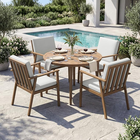 5-Piece Outdoor Patio Dining Set, Aluminum Round Dining Table with 4 Dining Chairs, Never-Rust Round Outdoor Dining Set, Patio Dining Table Set for Yard, Deck, Garden, Teak