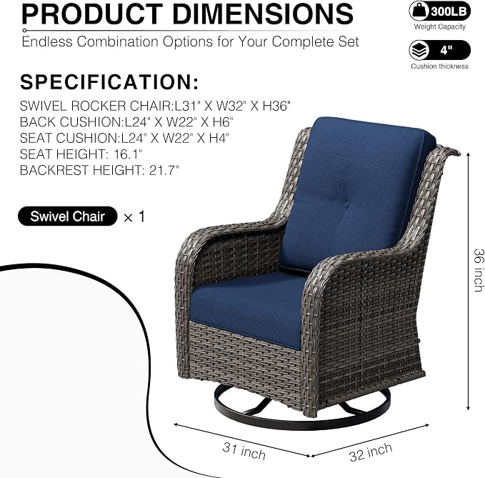 Joyside Outdoor Swivel Rocker Patio Chairs, Wicker Patio Furniture with High Back, Deep Seating, Wide Armrest, Thickened Cushions, Outdoor Rattan Furniture for Deck, Porch Use