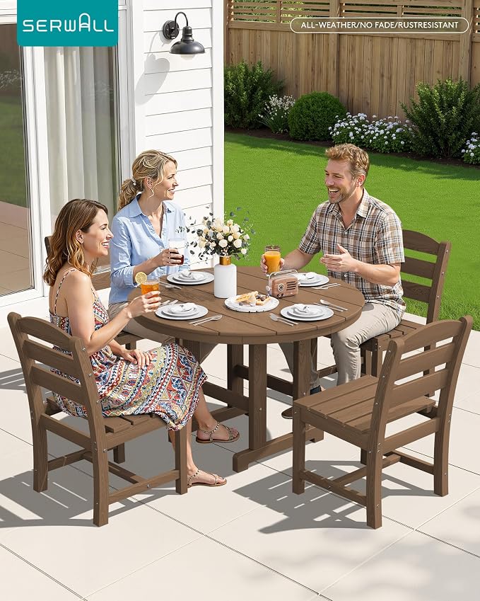 SERWALL 6-Piece Patio Dining Sets, HDPE Outdoor Table and Chairs Furniture Set with Umbrella, 45" Round Dining Table & 4 Armless Dining Chairs & 1 9FT Umbrella, Brown(Not Include Umbrella Base)