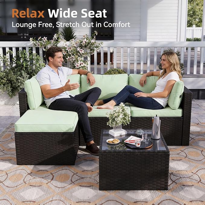 Aoxun Patio Furniture Set 5-Piece, Outdoor Sectional Sofas with Washable Cushion, Wicker Rattan Patio Conversation Sets for Backyard Porch and Poolside, Mint Green